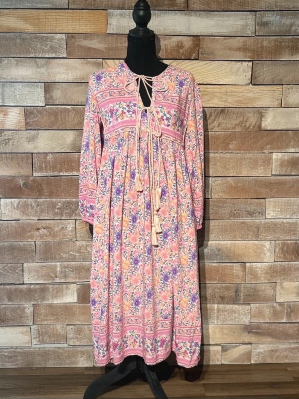 R.Vivimos Pink Floral Boho Long Sleeve Midi Dress - Size S